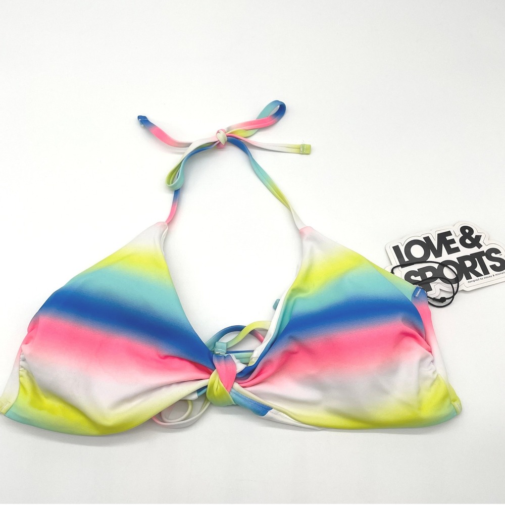 Love & Sports Knotted Tri Bikini Top Women L Rainbow Sporty Beach Swim Festival